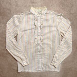 Vintage 80s Present Tense Pastel Striped Ruffle Lace Prairie Collar Blouse Boho